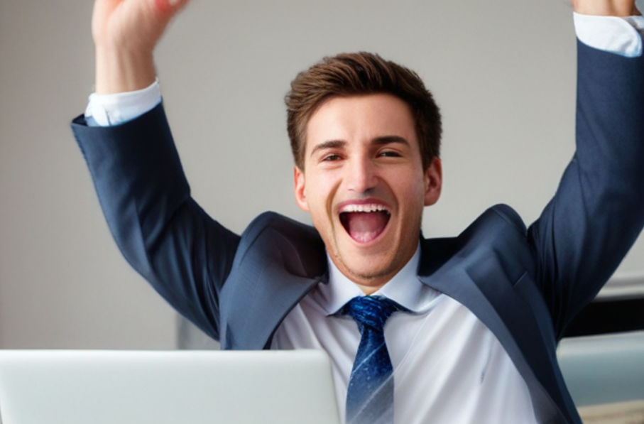 A businessman wearing a suit with his hands held up high in celebration in front of a laptop.