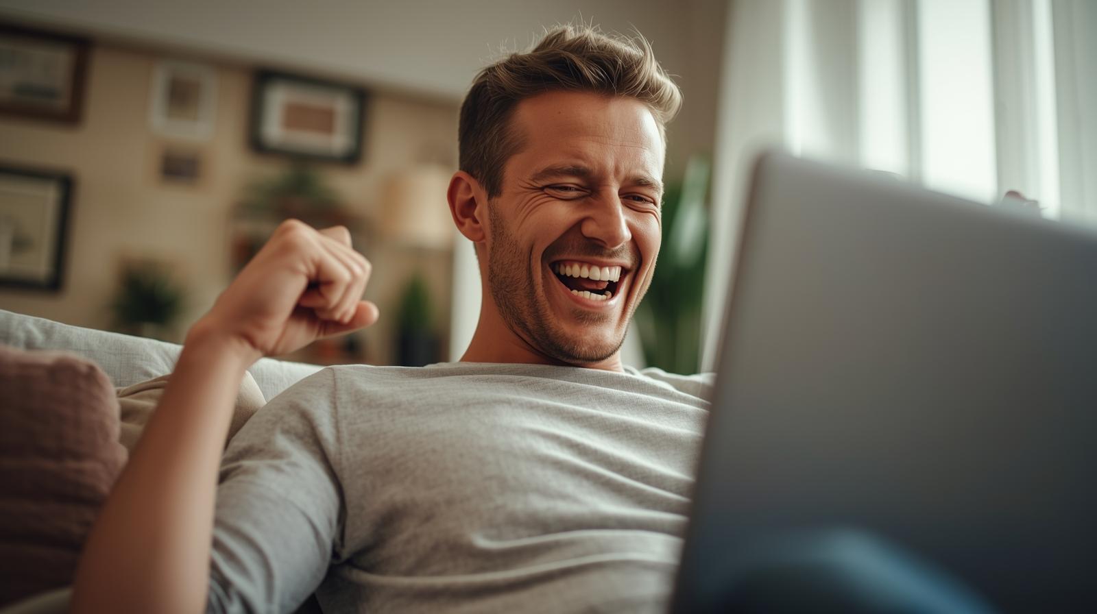 Joyful man celebrating online casino win using laptop in bright cozy living room.