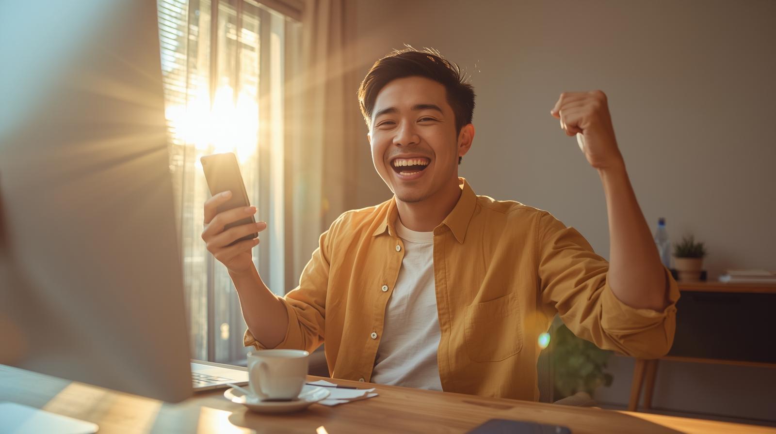 Person excitedly checking online lottery results at home desk in sunlight.