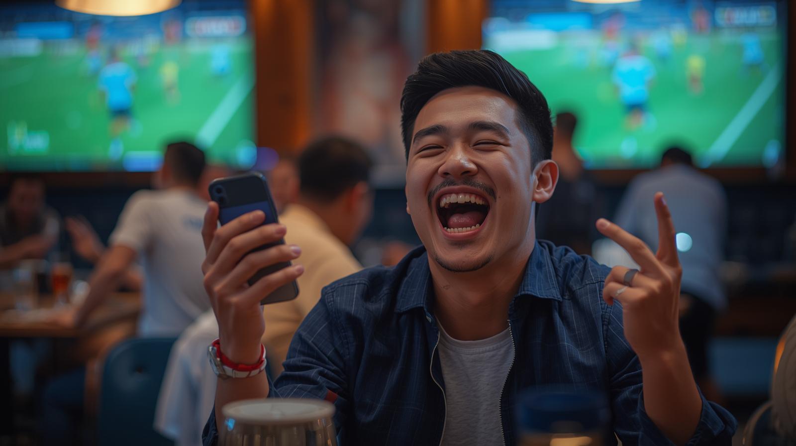 Excited football fan checking smartphone in sports bar celebrating live match betting win.