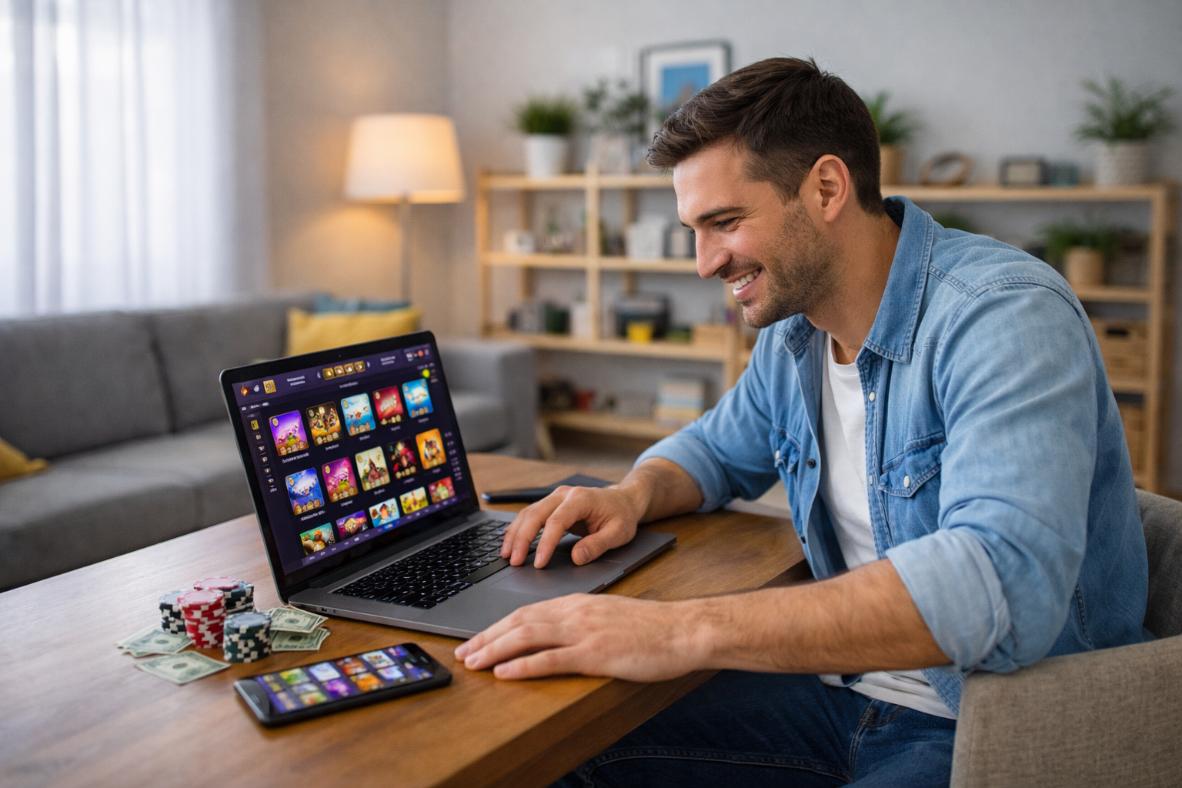 Smiling man explores betting platform on laptop in bright modern home interior.